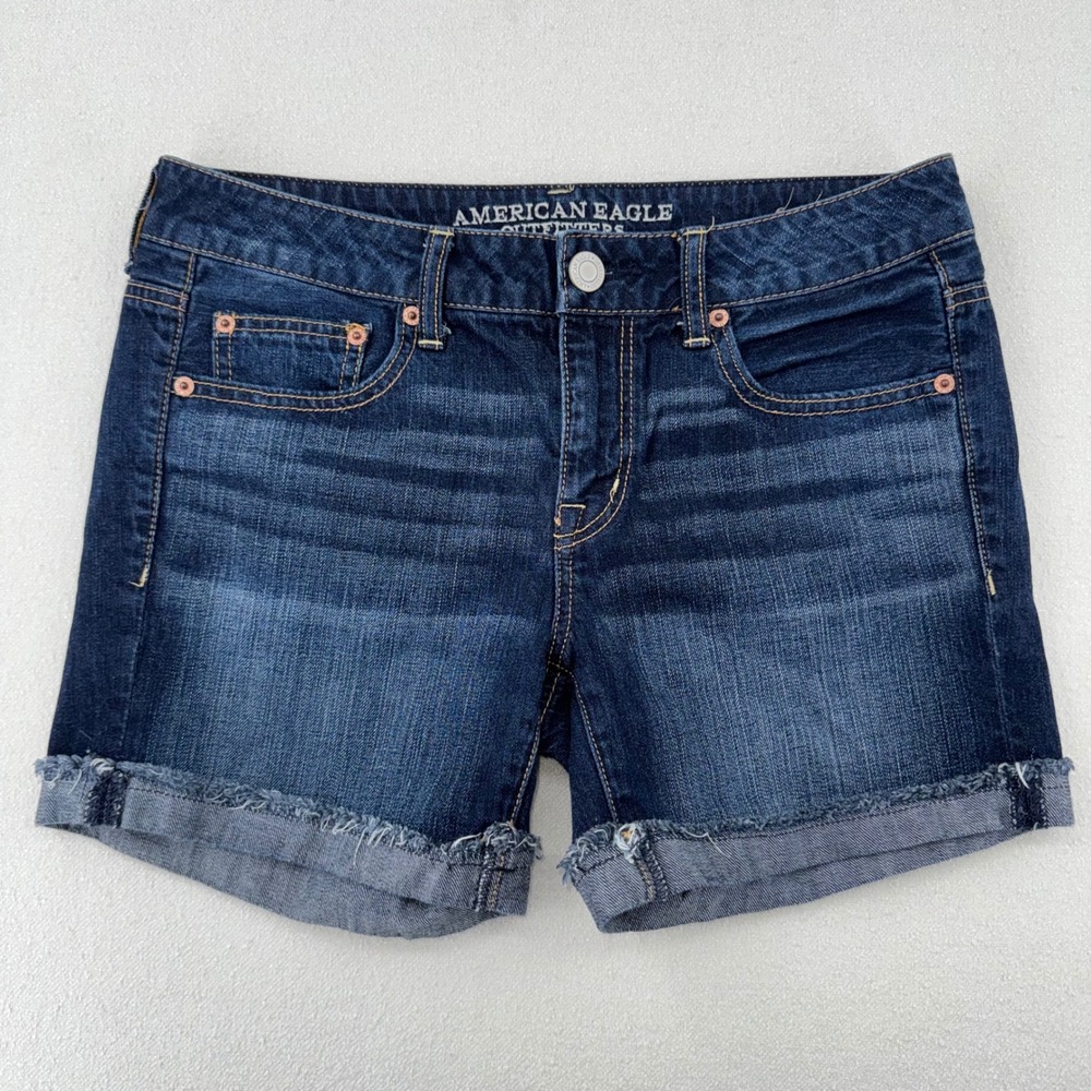 American Eagle Outfitters Dark Wash Cuffed Denim Shorts Womens 4 Raw Hem Indigo